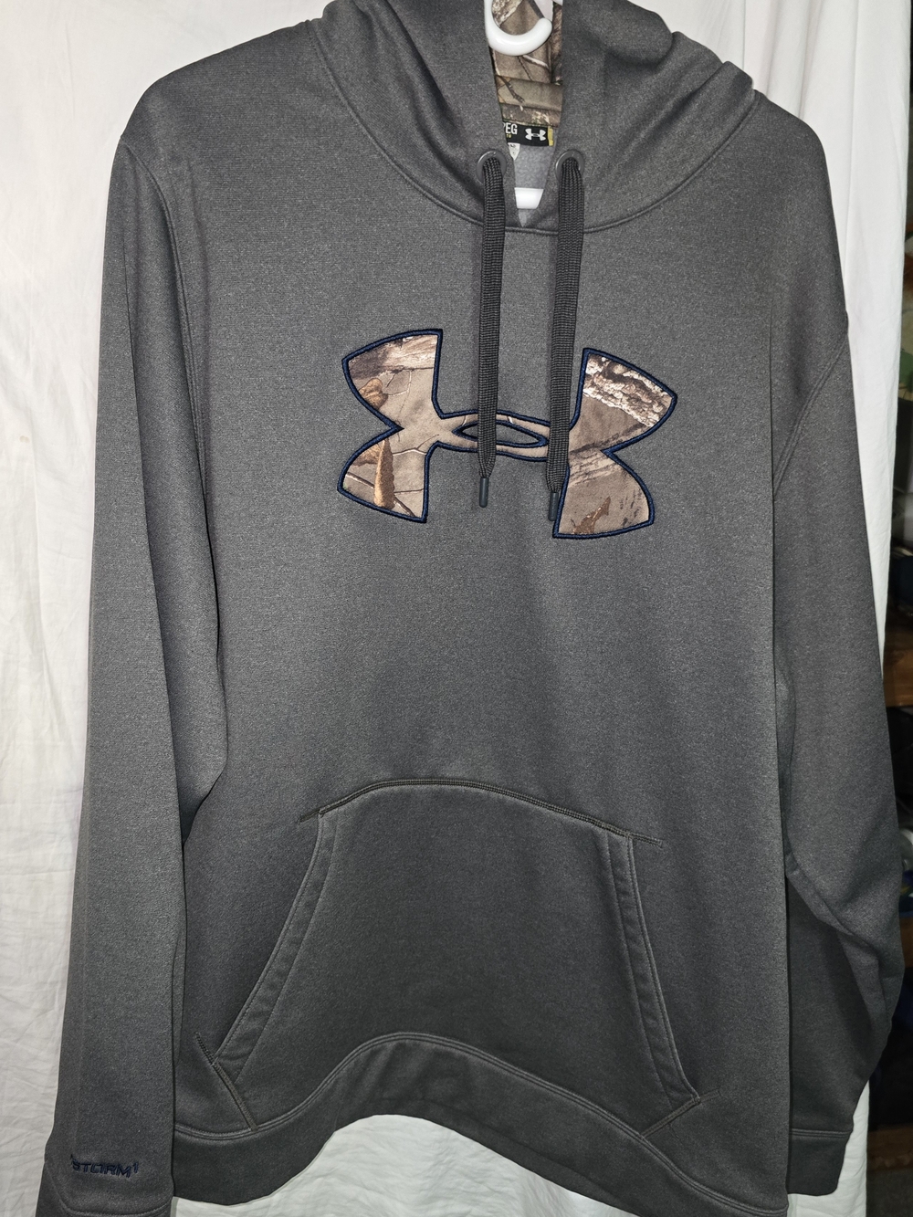 Under Armour UA Storm Caliber Hoodie 2XL Grey Camo Big Logo Loose Fit Sweatshirt